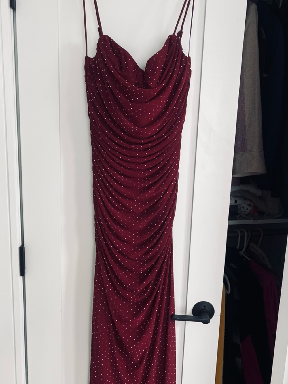 Dress Forum Burgundy Spaghetti-Strap Draped Maxi with diamond stud Dots